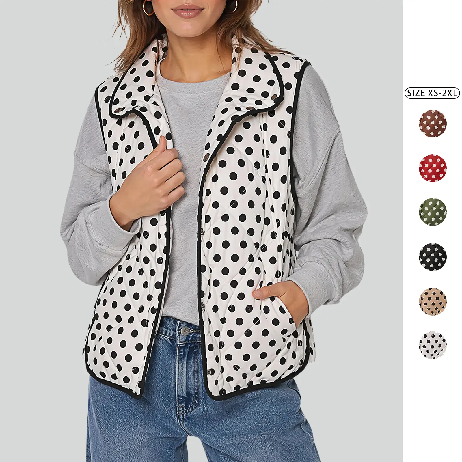 Imily Bela Women's Polka Dot Padded Vest, Lapel Sleeveless Cotton Waistcoat, Casual Button Lightweight Outerwear Gilet