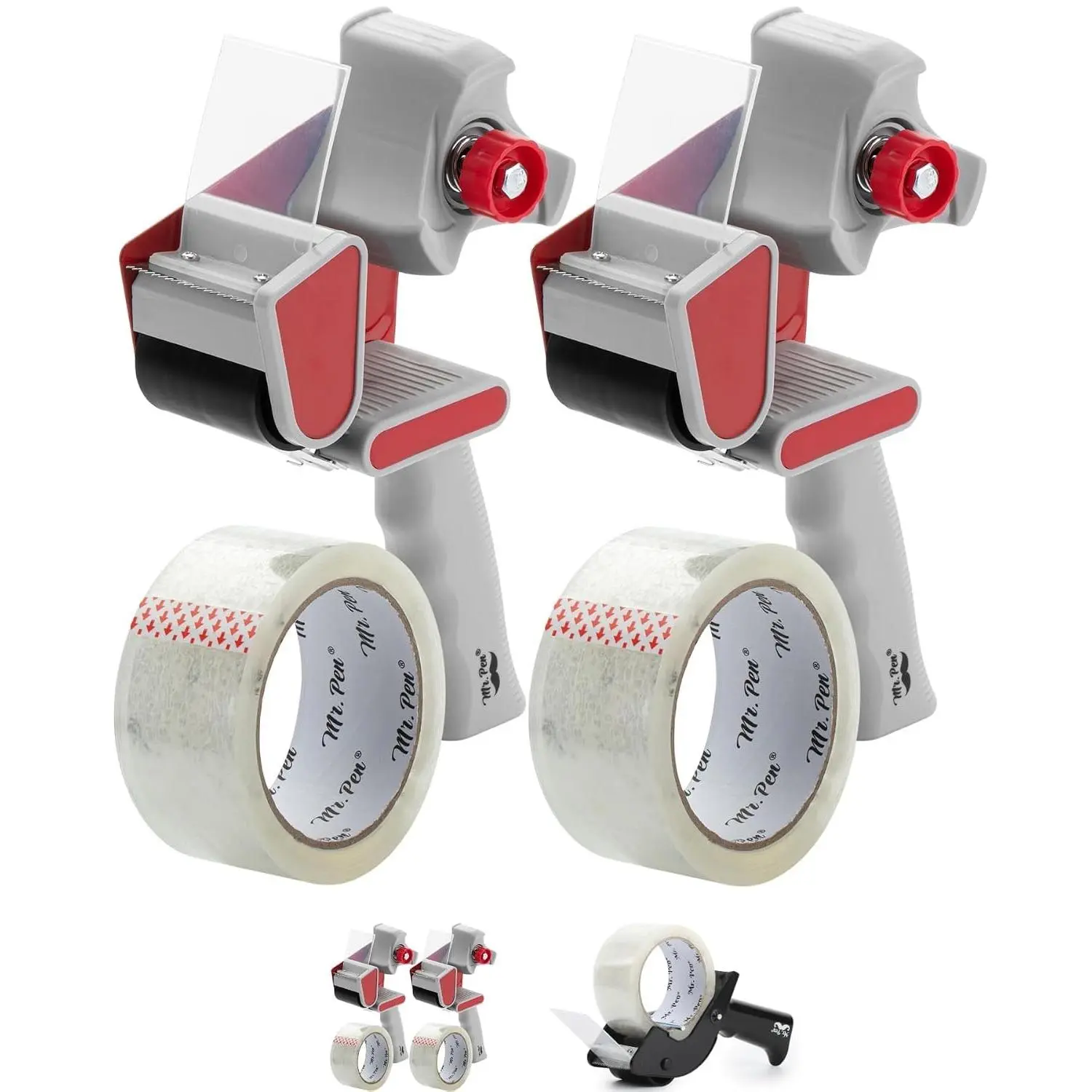 Heavy Duty Packing Tape Dispenser Gun, 2 Inch | 2 Pack with 2 Clear Tape Rolls, Handheld Tape Gun for Moving, Shipping, Sealing Boxes & Packaging