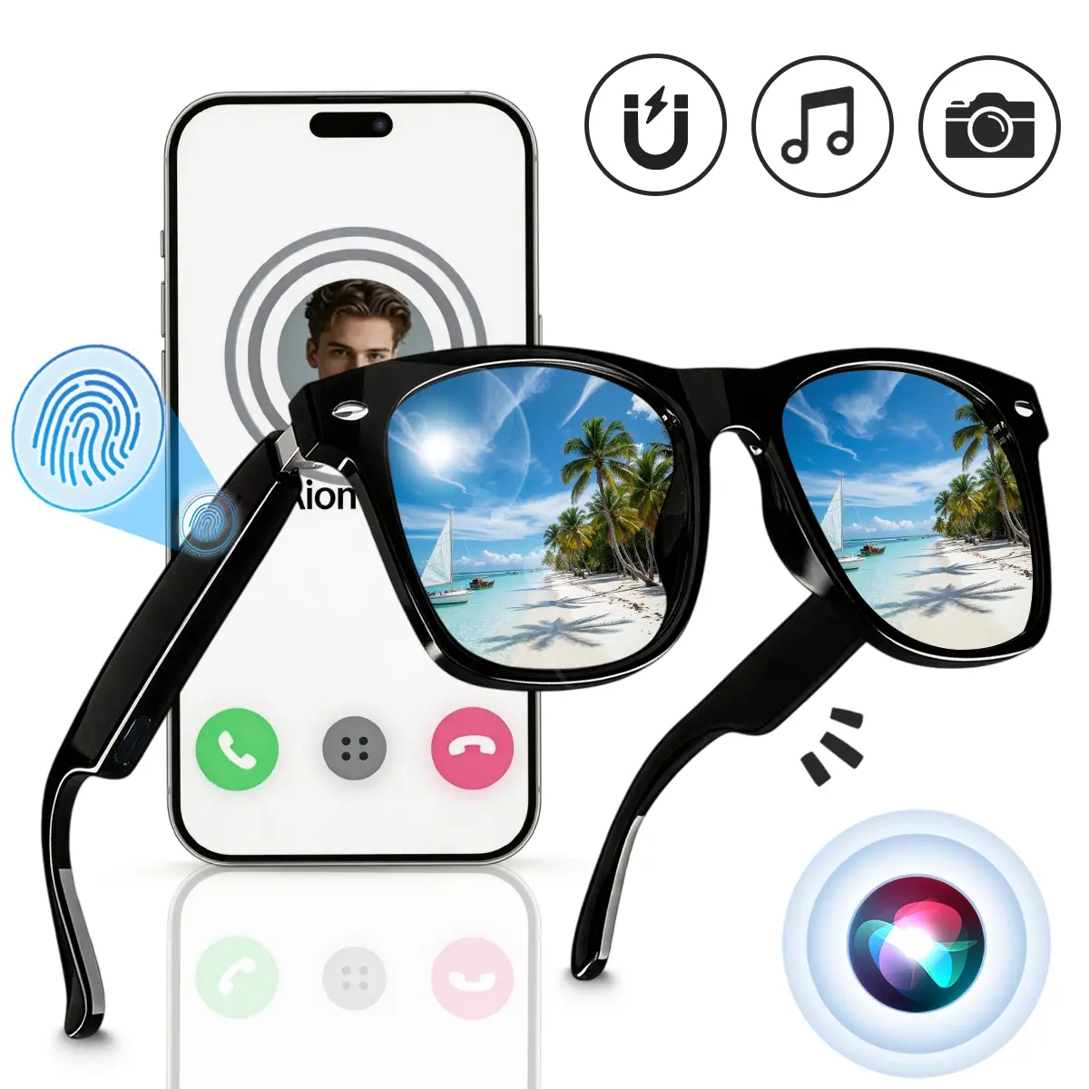 Bluetooth Audio Glasses with Polarized Sunglasses Lens, Open Ear Wireless Speaker, Smart Touch Control, Clear Calling, Music Playback, Selfie Remote and Comfortable Wear for Men Women