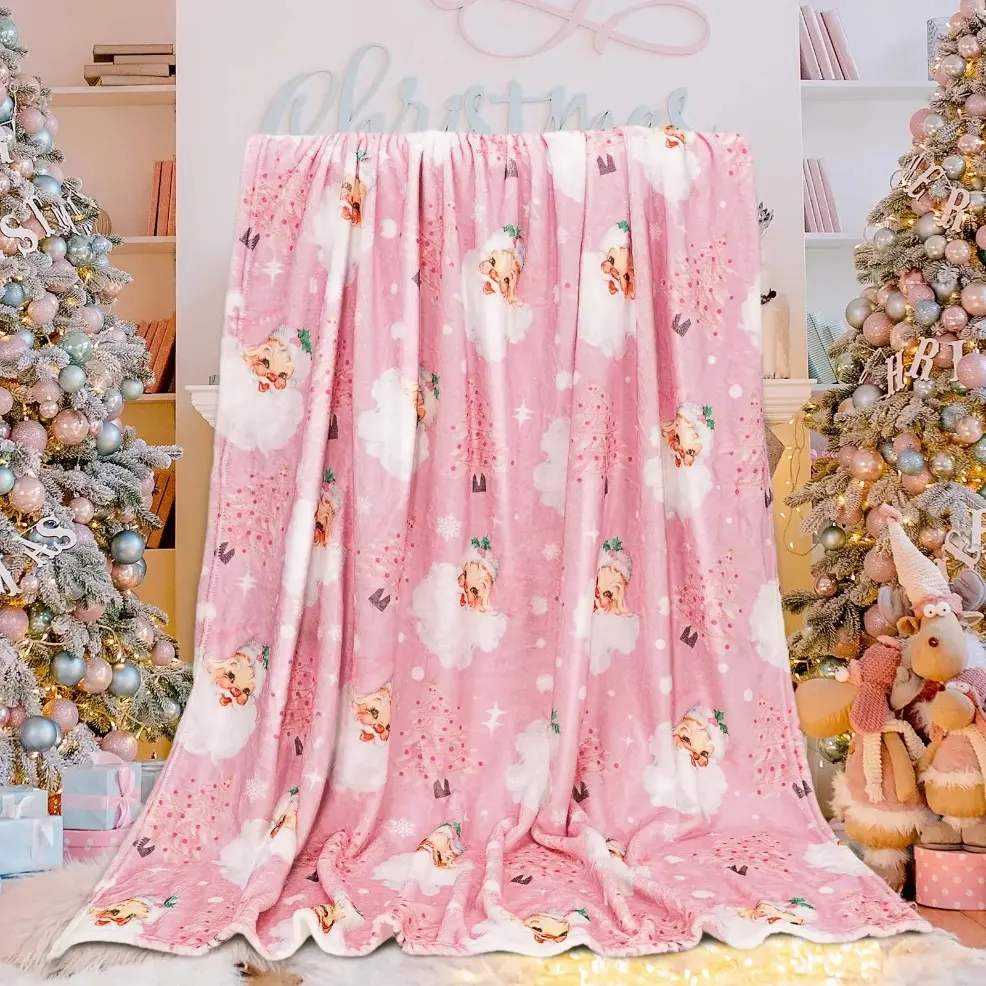 Christmas Fuzzy Blanket, Pink Santa Clause Xmas Tree Throw Blanket, Soft Warm Winter Blanket for Home Chair Sofa Couch Bed, Baby Blankets and Adult Blankets, All‑Season Holiday Decor Present for Living Room Bedroom birthday gift Comfort Blanket