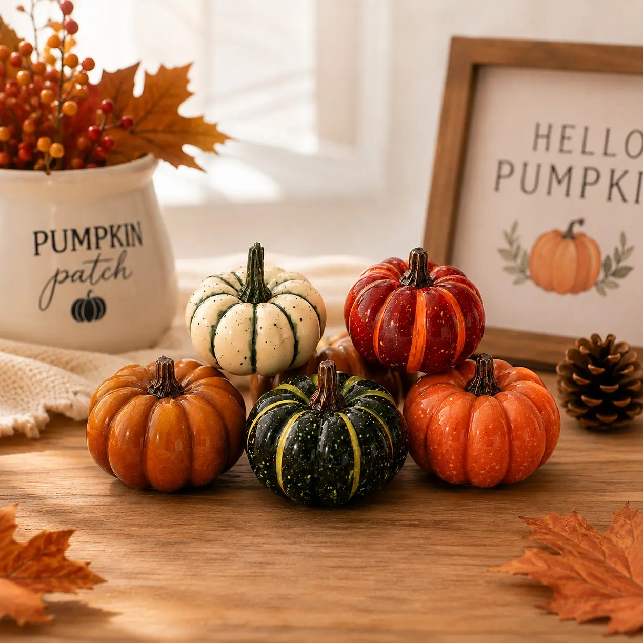5 Pack Halloween Pumpkins, Metallic Crackle Foam Pumpkins Ornaments for Fall Harvest, Halloween & Thanksgiving Decorations, Autumn Tabletop Home Indoor Outdoor Decor