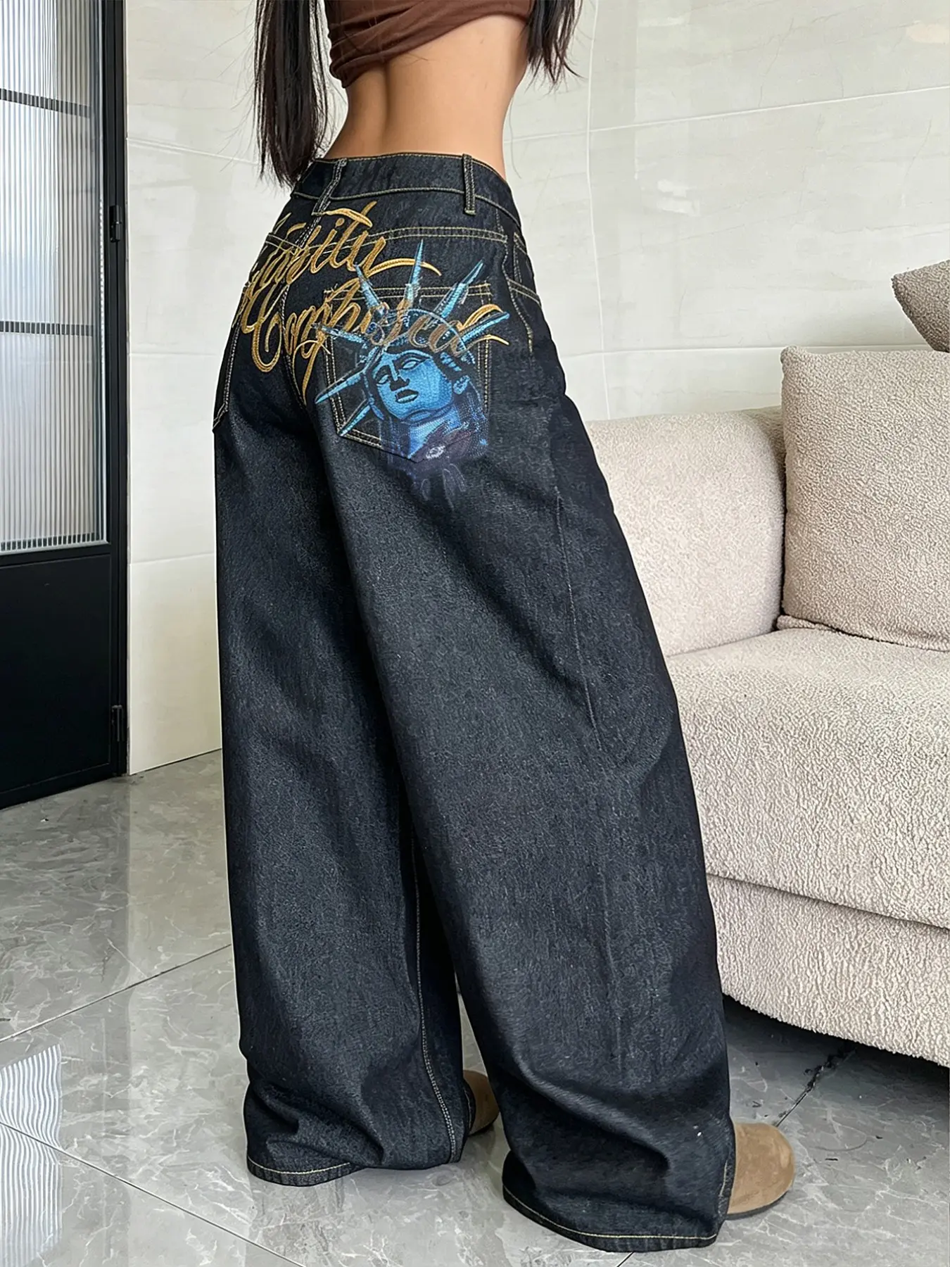Women's Street Style Letter Embroidered Jeans, High Waist Loose Fit Wide Leg Pants, Comfortable All-Season Long Trousers
