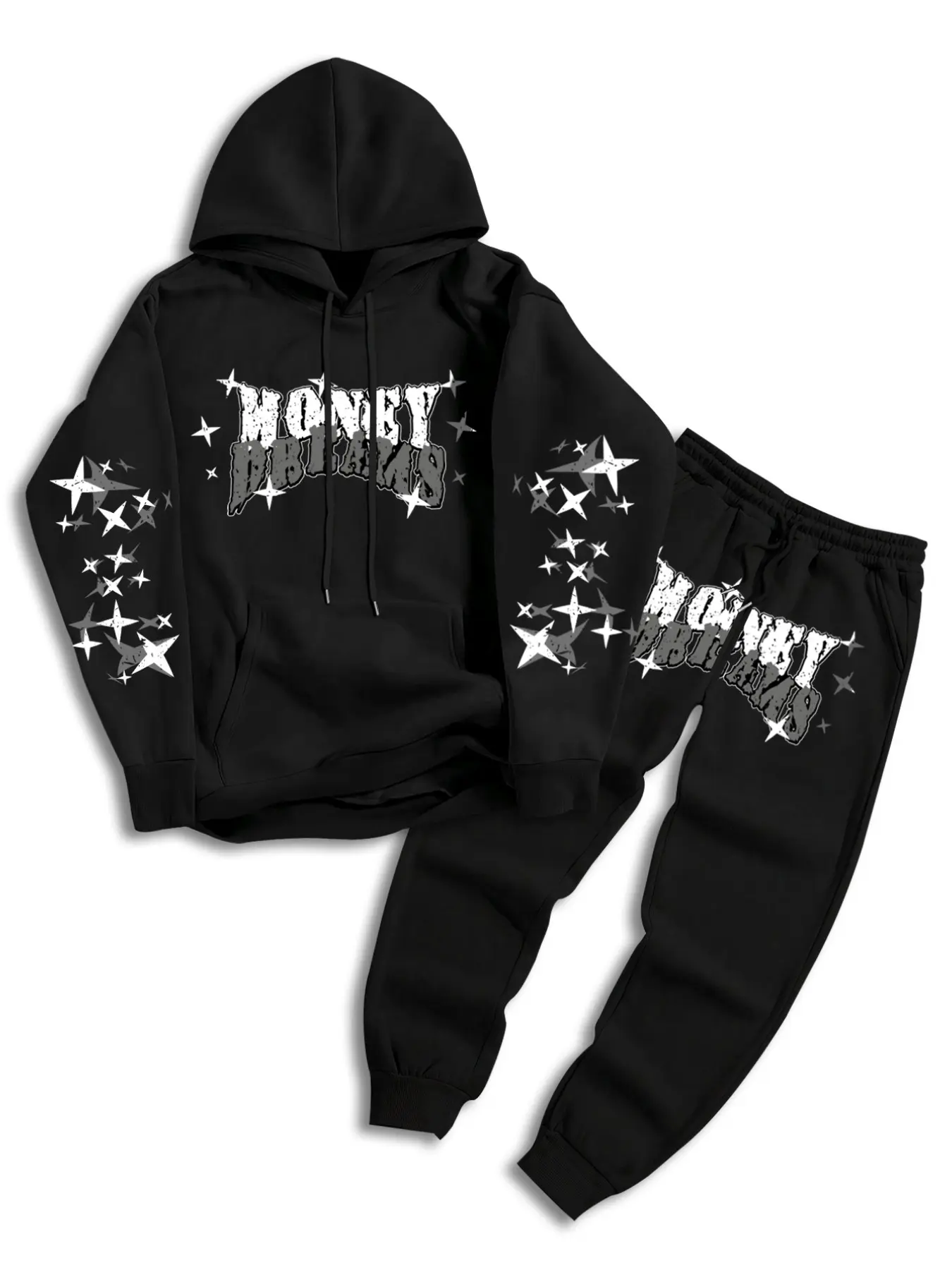 Men's Fall Winter Set Sweatshirt and Pants 2 Piece Set, Letter Print Hooded Fleece Sweatshirt and Drawstring Fleece Pants, Casual Fashion