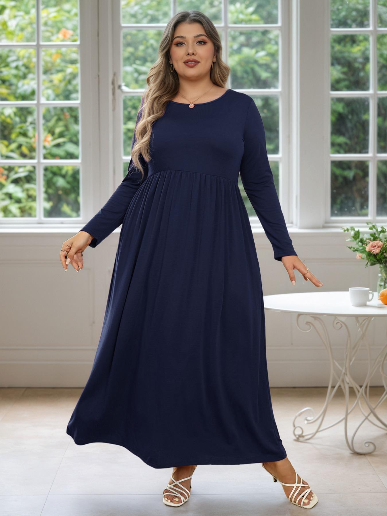 Women's Round Neck Stretchy Casual Fitted Long Plus Size Dress, Perfect for Bridesmaids, Vintage Style Wedding & Party Wear, Comfortable Fabric
