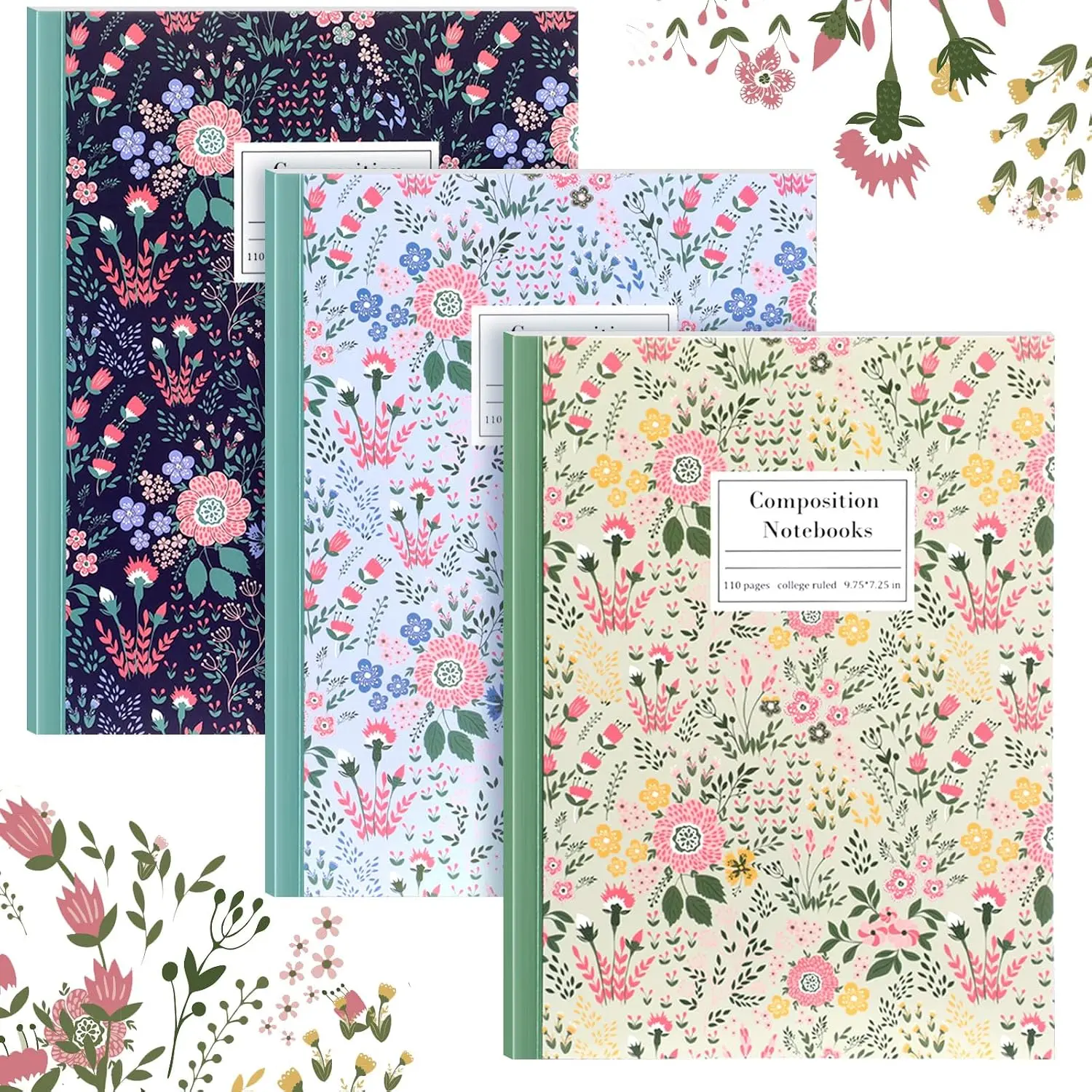 3 count Wildflower Cute Composition Notebook College Ruled Bulk Composition Notebook for  to School 110 Page 7-1/2" x 9-3/4" Aesthetic Journal Gifts for  of School Teacher Office