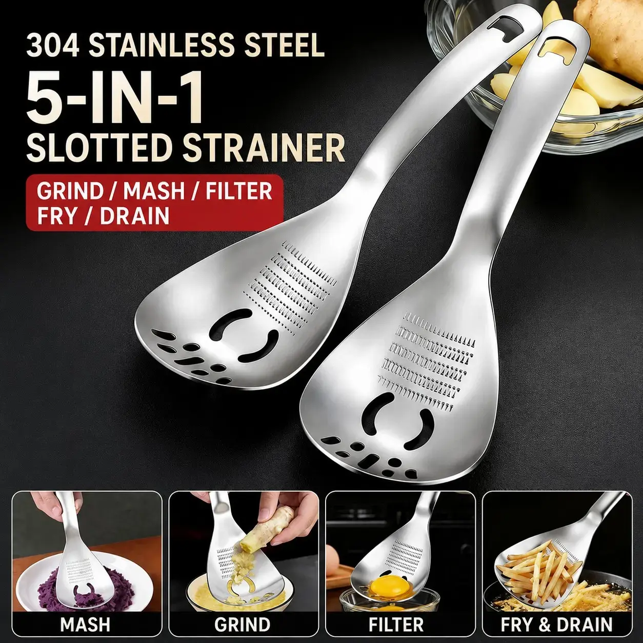 304 Stainless Steel Multi-Use Kitchen Strainer Ladle with Holes - Draining Filter Mesh, Baby Food Masher, Garlic Grinder, Multi-Functional Utensil, Cooking