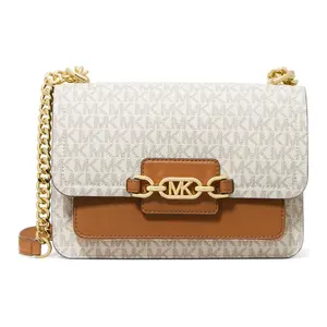 Michael Kors MK Monogram Chain-Handle Envelope Tote Bag for Women – Vanilla White and Acorn Brown