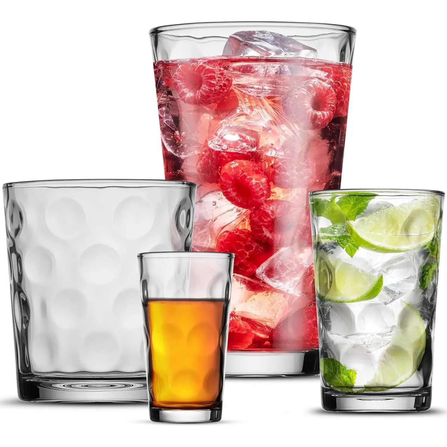 Melrose 24-Piece Family Drinking Glasses Set, Everyday Use Glassware Include 6 Highball Cooler, 6 DOF, 6 Juice Glasses, 6 Shot Glasses, Free Replacement for Shipping Damaged Glasses