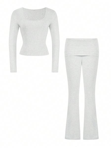 Women's Solid Color Square Neck Crop Tee & Flare Leg Pants Two-Piece Set, Casual Fashion Cozy Two Piece Outfits for Daily Outdoor Wear