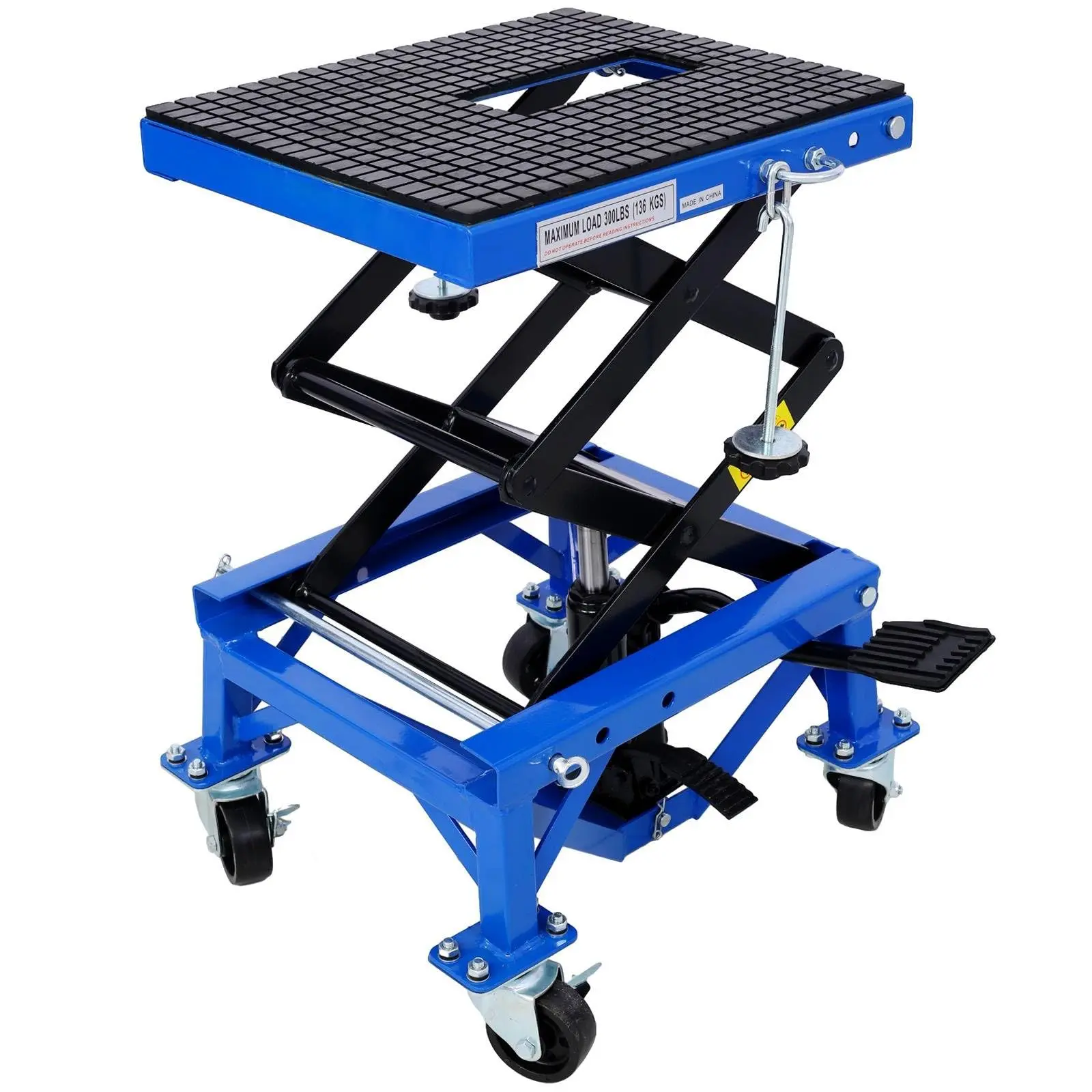 Motorcycle Jack – 350lbs – 13.78-34.25" Lift – Hydraulic – 4 Locking Casters – for ATV/Scooter – Heavy Duty – Red/Black/Blue – Garage
