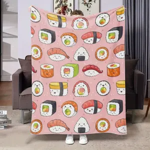 Cute Japanese Style Sushi Roll Print Flannel Throw Blanket - Contemporary Cartoon Patterned Soft Fleece Blanket For Bed, Sofa, Chair - All Seasons Comfort, Ideal Gift For Food Enthusiasts, Unisex - Polyester Knit Fabric