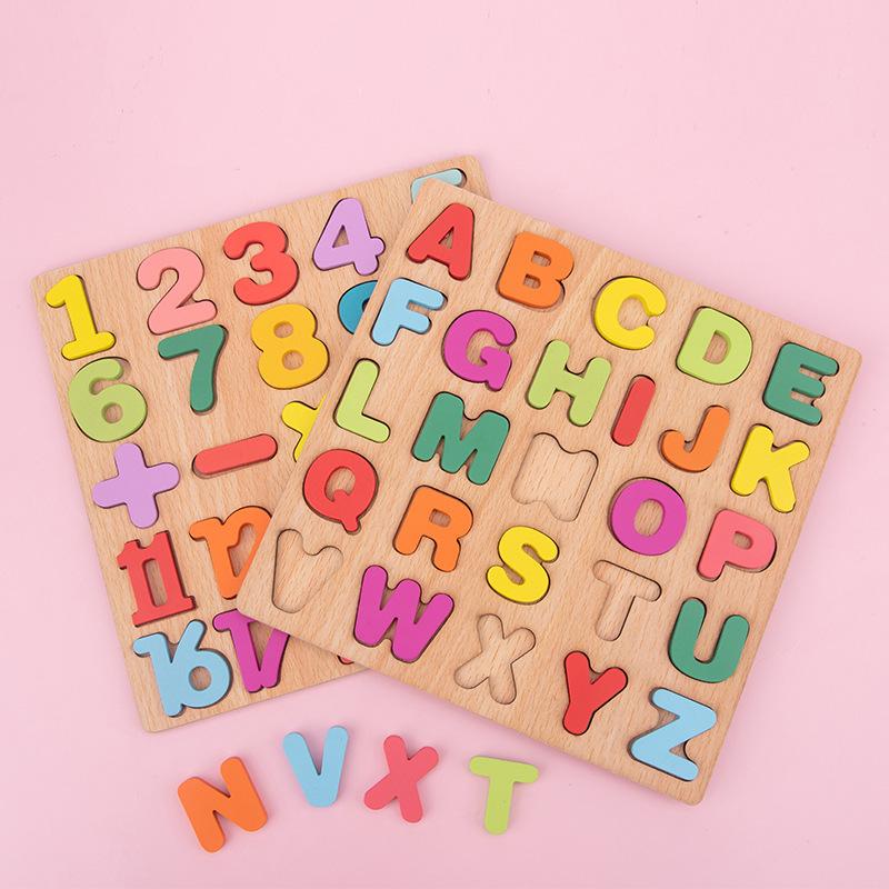 Baby Wooden Puzzles Montessori Toys 1 2 3 Years Toddler Toys Hand Grab Board Alphabet Number Cognition Learning Educational Toys