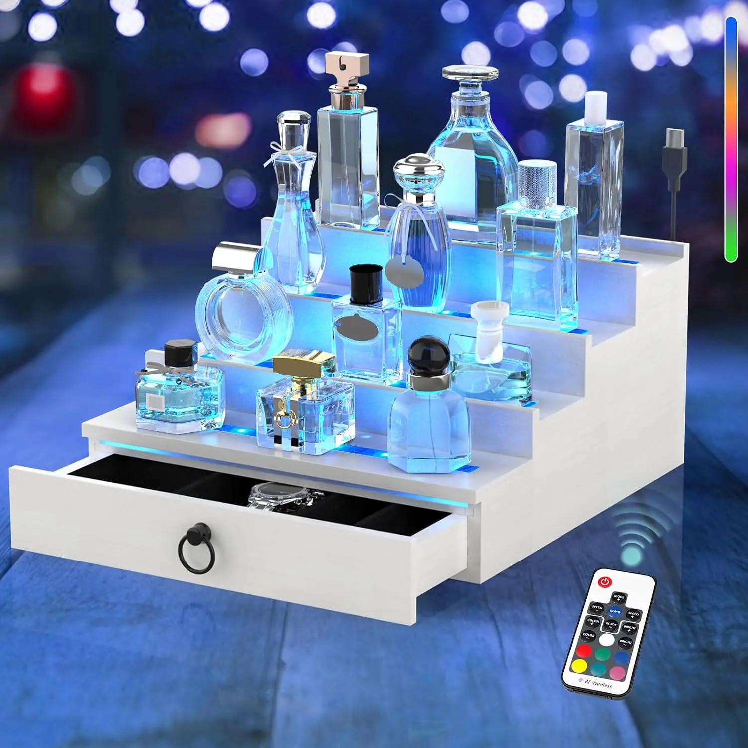 LED Lighted Cologne Organizer for Men, 4 Tier  Perfume Organizer | Multi Lighting Modes Perfume Display Holder with Remote Control, Cologne Shelf Stand with  Lined Drawer, Nice