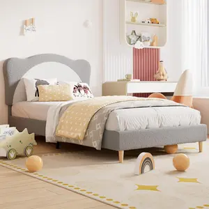Twin Size Sherpa Kids Bed Frame - Upholstered Platform Bed with Semi-Circular Arched Headboard, Soft Boucle Children's Bed, Noise-Free, No Box Spring Needed, Grey & White