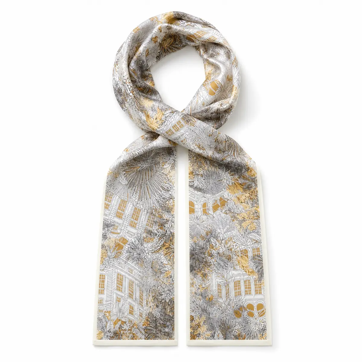 100% Mulberry Silk Charmeuse Long Skinny Scarf for Women, Botanical and Architectural Print Neck Tie, Hair Wrap and Handbag Accessory