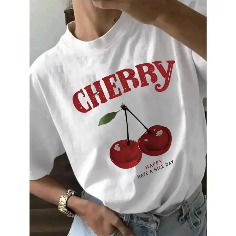 Women's Round Neck Short-Sleeve Cherry & Letter Print Lightweight T-Shirt, Full Size Range Including XXXXL, Casual Sports Top for Spring