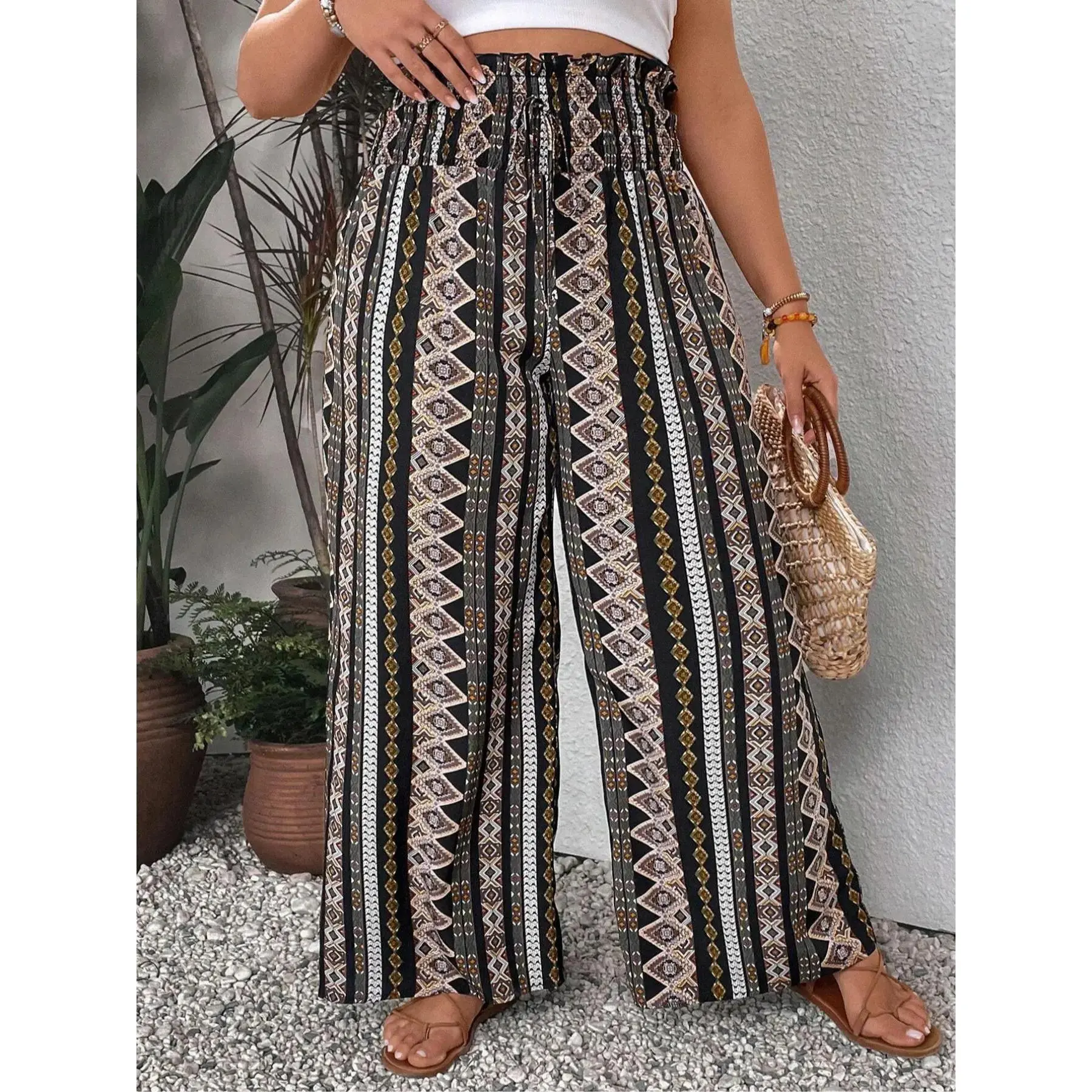 Plus Size Ethnic Pattern Frill Trim Shirred Wide-Leg Pants, Boho Casual High-Waisted Straigh-Leg Trousers for Daily and Vacation Wear, Casual Beach Pants, Women's Bottoms for Summer