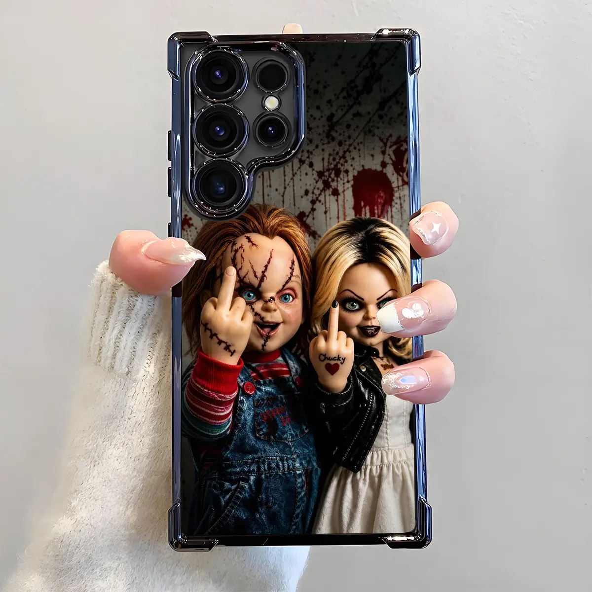 Horror Chucky and Tiffany Phone Case, Electroplated Airbag Shockproof Slim Soft TPU Cover for Samsung S26 S25 S24 S23 S22 Ultra S25Edge S24FE Plus S25+, Funny Middle Finger, Scary Movie Gothic Halloween