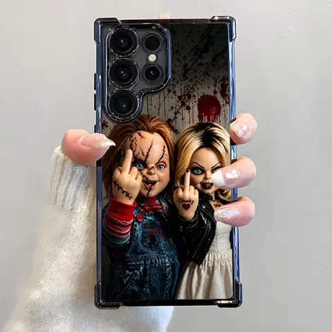 Gothic Horror Chucky Theme Durable Phone Case - Airbag Frame, Electroplated Shockproof Slim Soft TPU Cover, Halloween Gifts for Samsung S22-S26 Ultra, S24FE Plus, S25Edge, S25+ with Scary Movie Middle Finger Design