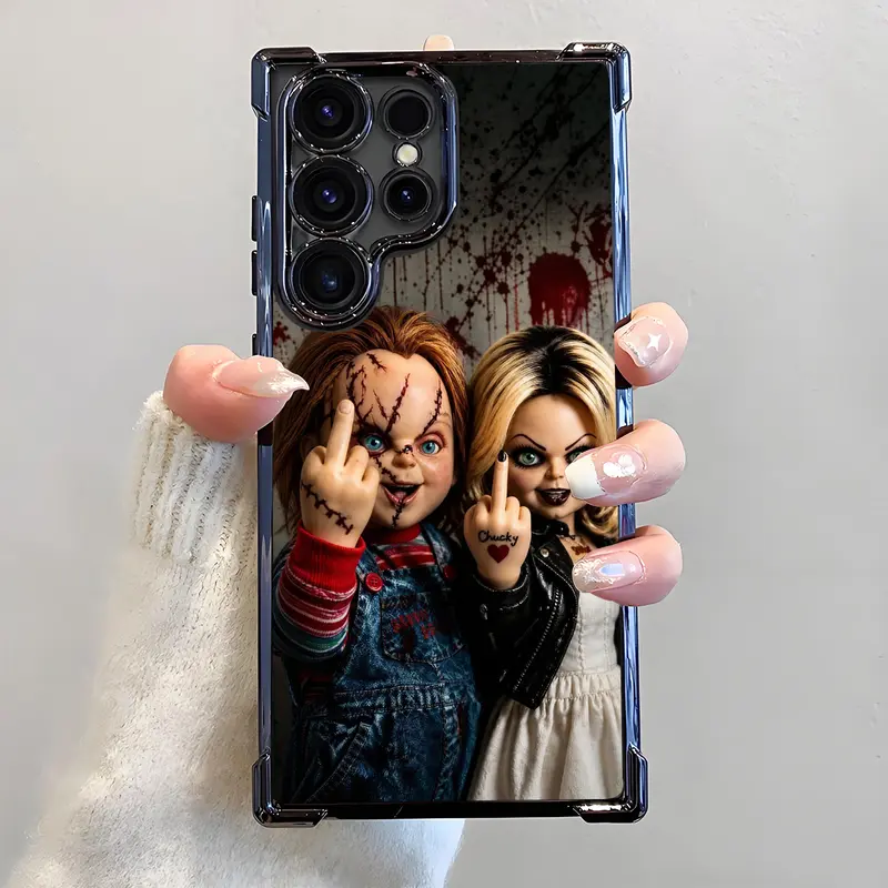 Gothic Horror Chucky Theme Durable Phone Case - Airbag Frame, Electroplated Shockproof Slim Soft TPU Cover, Halloween Gifts for Samsung S22-S26 Ultra, S24FE Plus, S25Edge, S25+ with Scary Movie Middle Finger Design