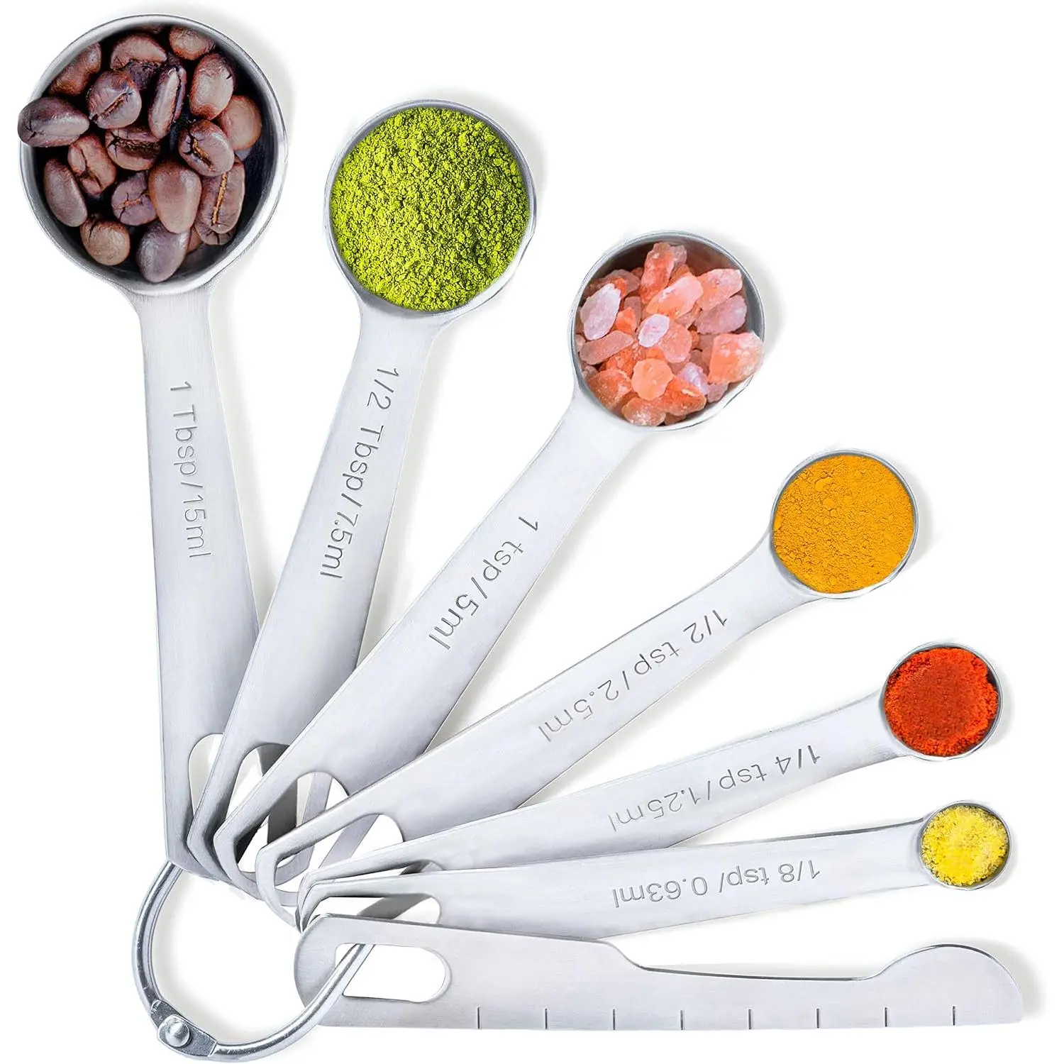 Stainless Steel Measuring Spoons - Set of 6 + Leveler | Heavy duty 18/8 stainless steel measuring spoon set with  & metric measurements for dry and liquid ingredients.