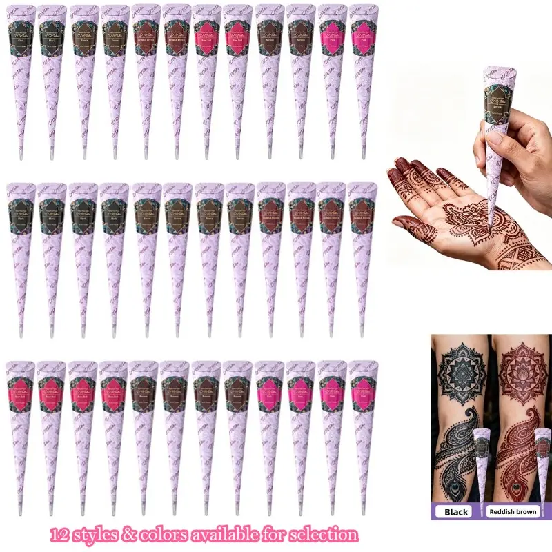 DM 12-piece plant-extracted henna tattoo paste gift set, made of natural mild ingredients gentle on skin, create various temporary tattoos freely, long-lasting color with waterproof finish, portable full kit for DIY body painting suitable for parties,