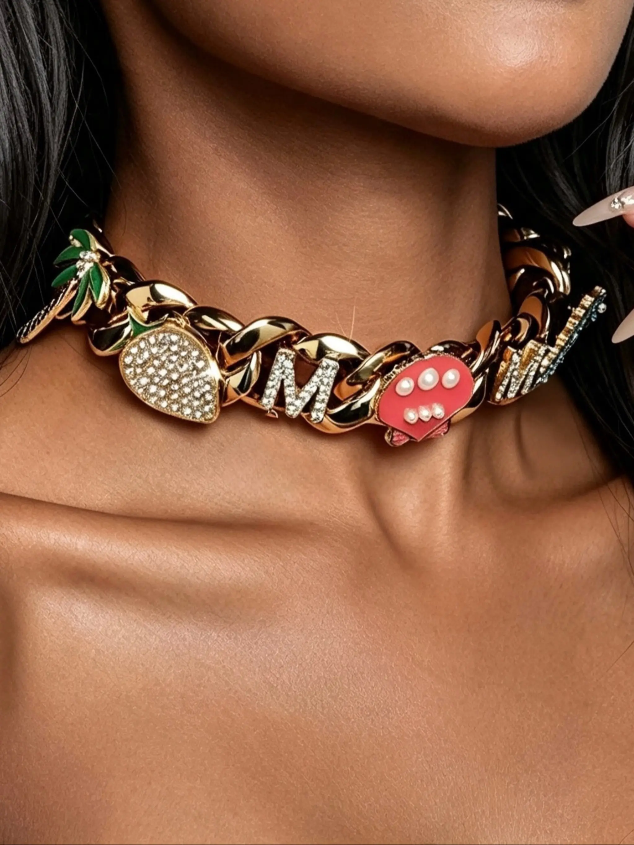 Fashion Letter & Heart Design Chunky Chain Necklace, Rhinestone Decor Cuban Necklace for Women, Trendy Jewelry for Party & Daily Wear