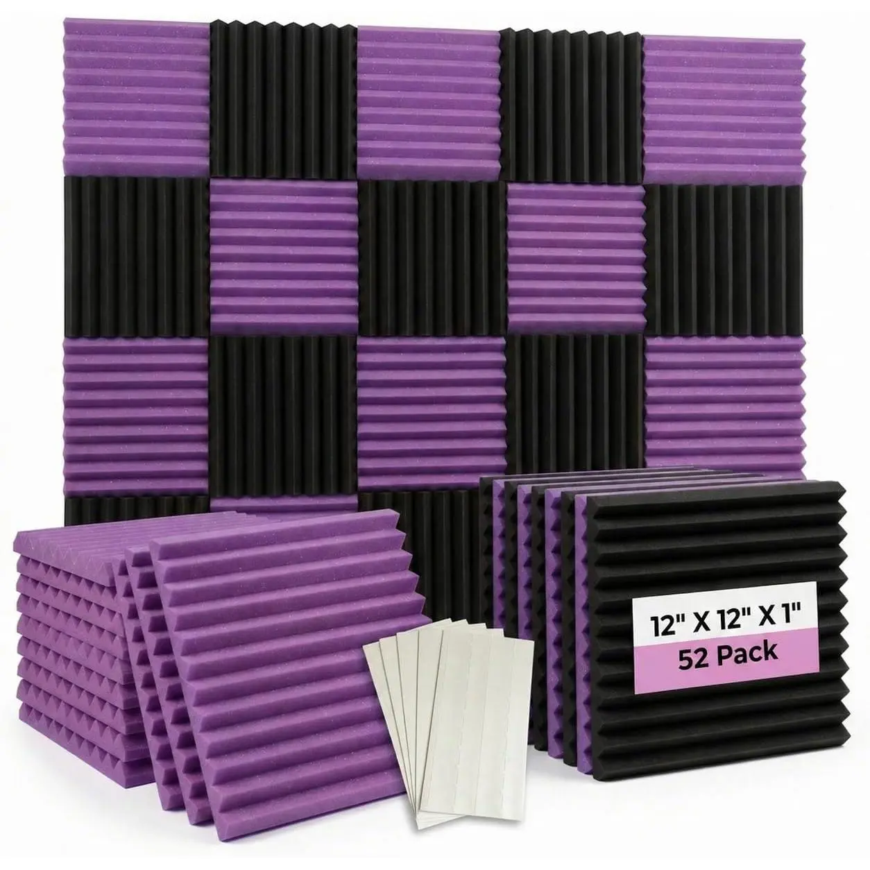 52 Pack 12 "X 12 "X1" Acoustic Panels Studio Soundproofing  Wedge Tiles(Accompanied By Double-Sided Adhesive Tape) (24Black+24purple)