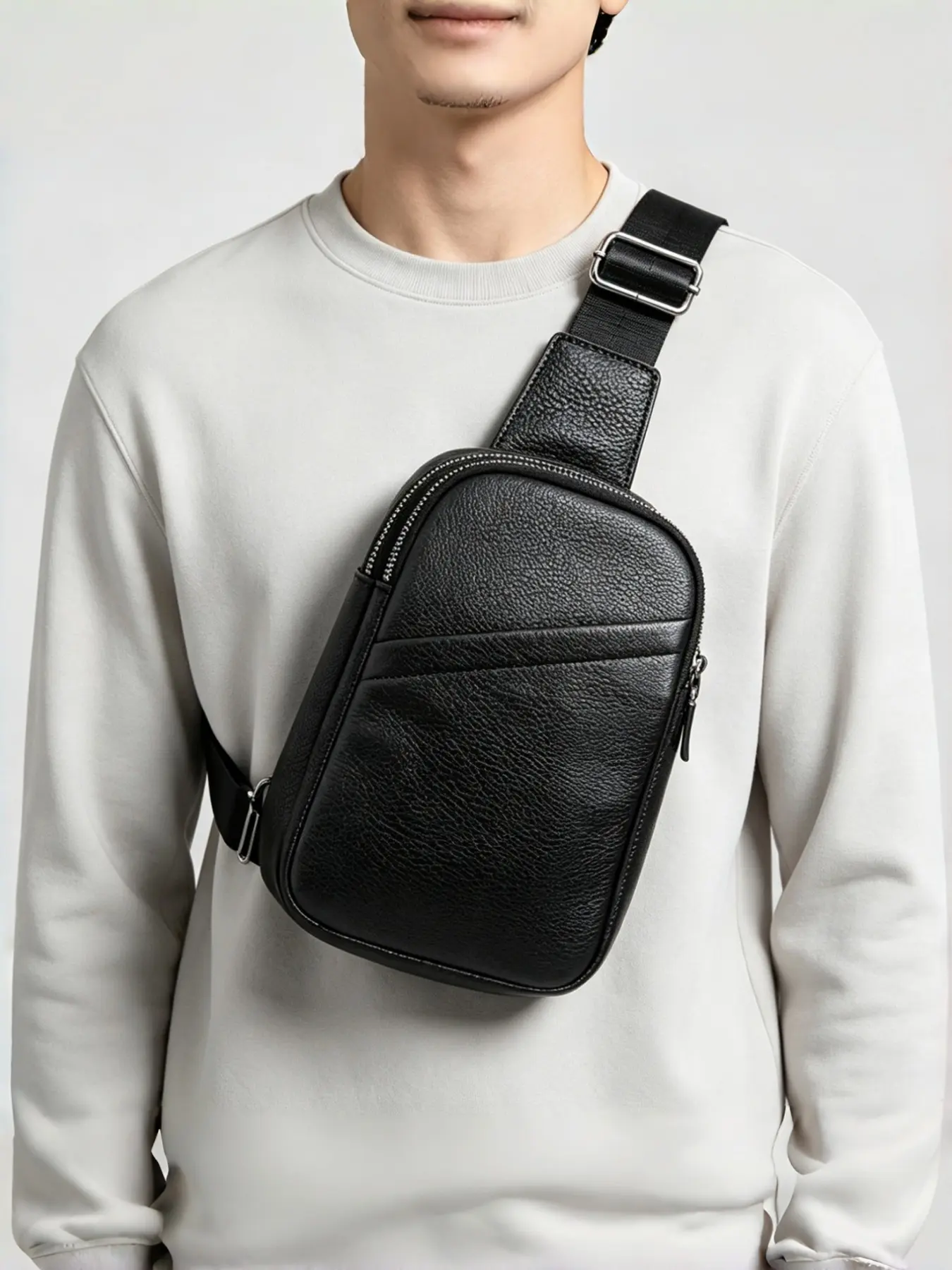 Men Top Grain Cowhide Leather Sling Chest Bag, Multi Zipper Pockets Crossbody Fanny Pack with Adjustable Strap, Lightweight Small Shoulder Backpack Fit Phone Wallet Passport, Casual Travel Daily Outdoor Chest Bag Gift For Husband Boyfriend Dad