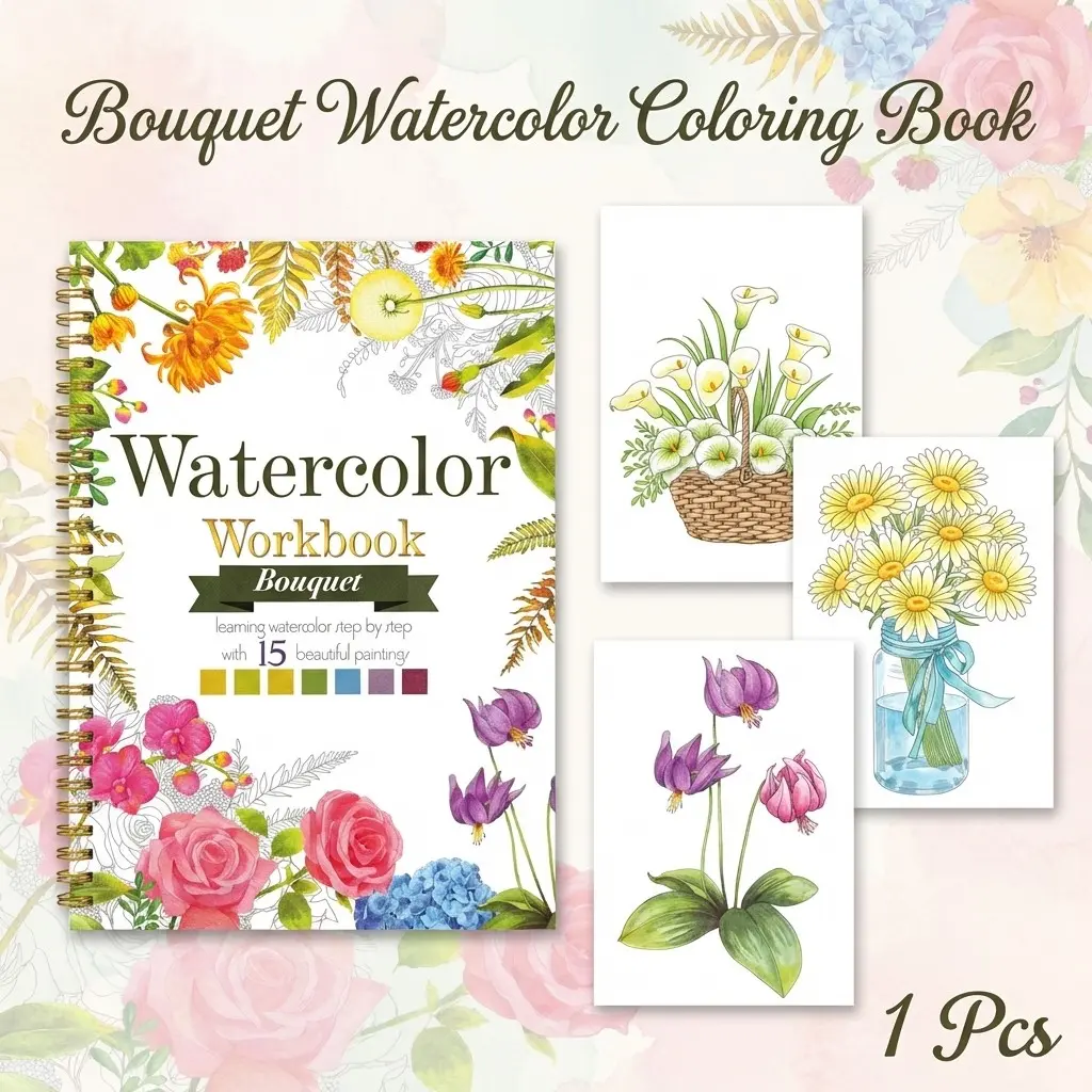 Spiral Bound Floral Bouquet Watercolor Workbook for Beginners, Step-By-Step Flower Painting Guide, Bleed-Proof Paper, Diy Handmade Craft