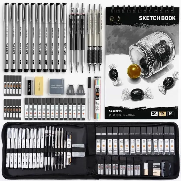 52 count Art Supplies Sketching & Drawing Kit with 10 Micron Fineliner Pens, 6 Drafting Mechanical Pencils,3-Color Sketchbook,27 Lead Refills,School Supplies Gifts for Beginners Adults Teens