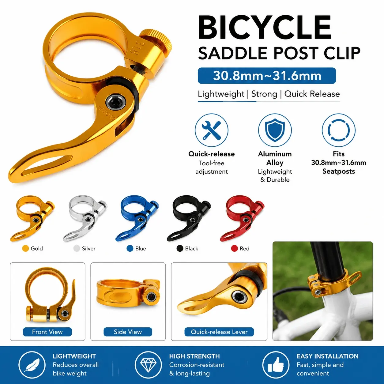 31.8mm Alloy Quick Release Seatpost Clamp, Universal Upgrade for Road & Mountain Bikes. Lightweight, Rustproof, Maintenance-Free, 1-Second Tool-Free Saddle Adjustment, Anti-Slip.