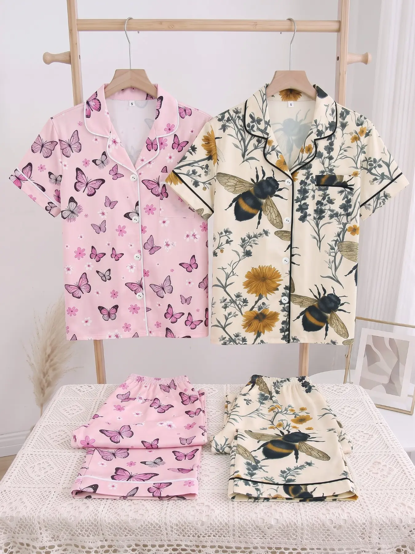 Women's Spring Summer Pajama Set, Short Sleeve Button Front Shirt and Pants, Butterfly Bee Print, Casual Loose-Fit Sleepwear