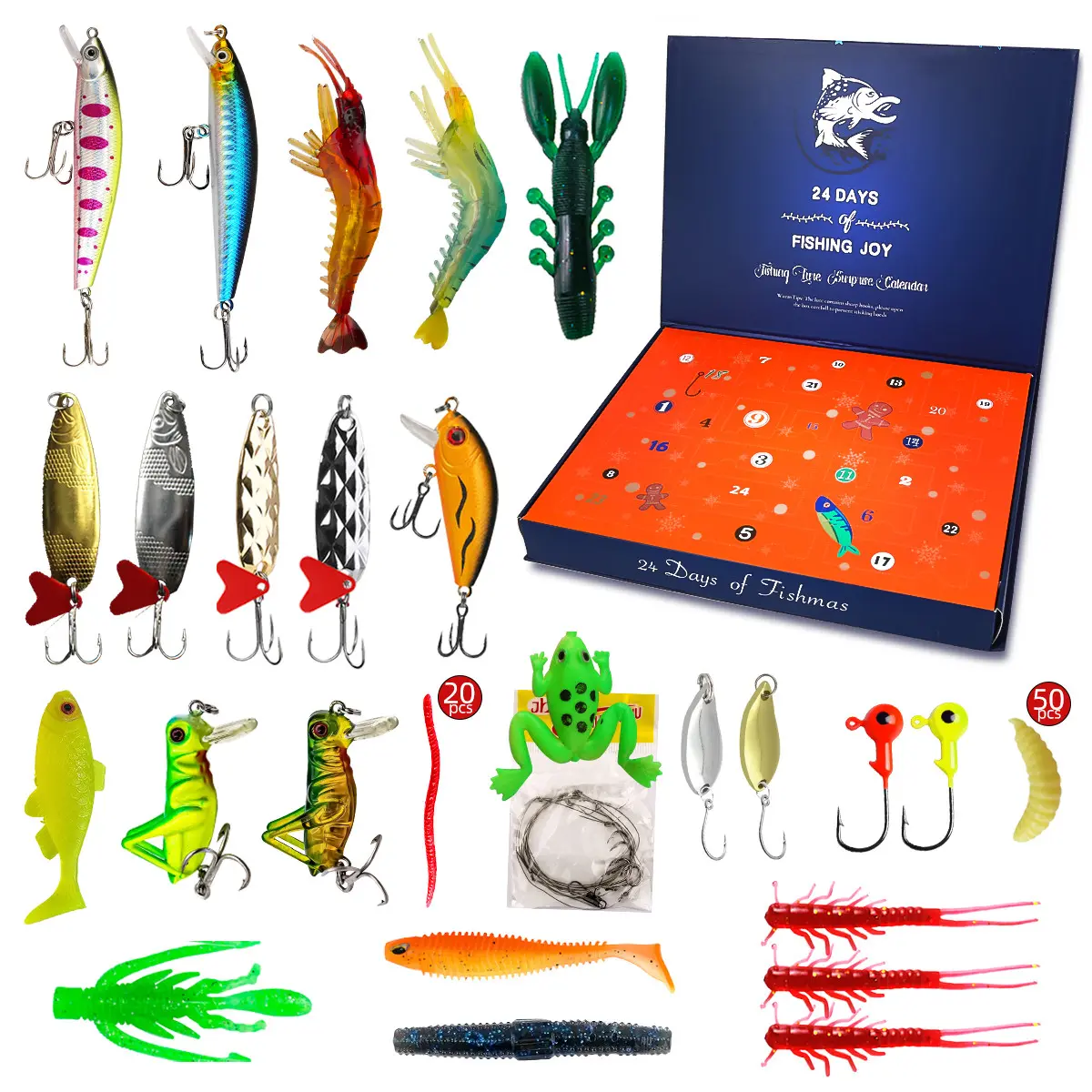Deep Blue Starry Sky 24-Grid Advent Calendar Fishing Set, Bright Multicolor Lure Hooks Gift Box, Fun Christmas Present for Anglers