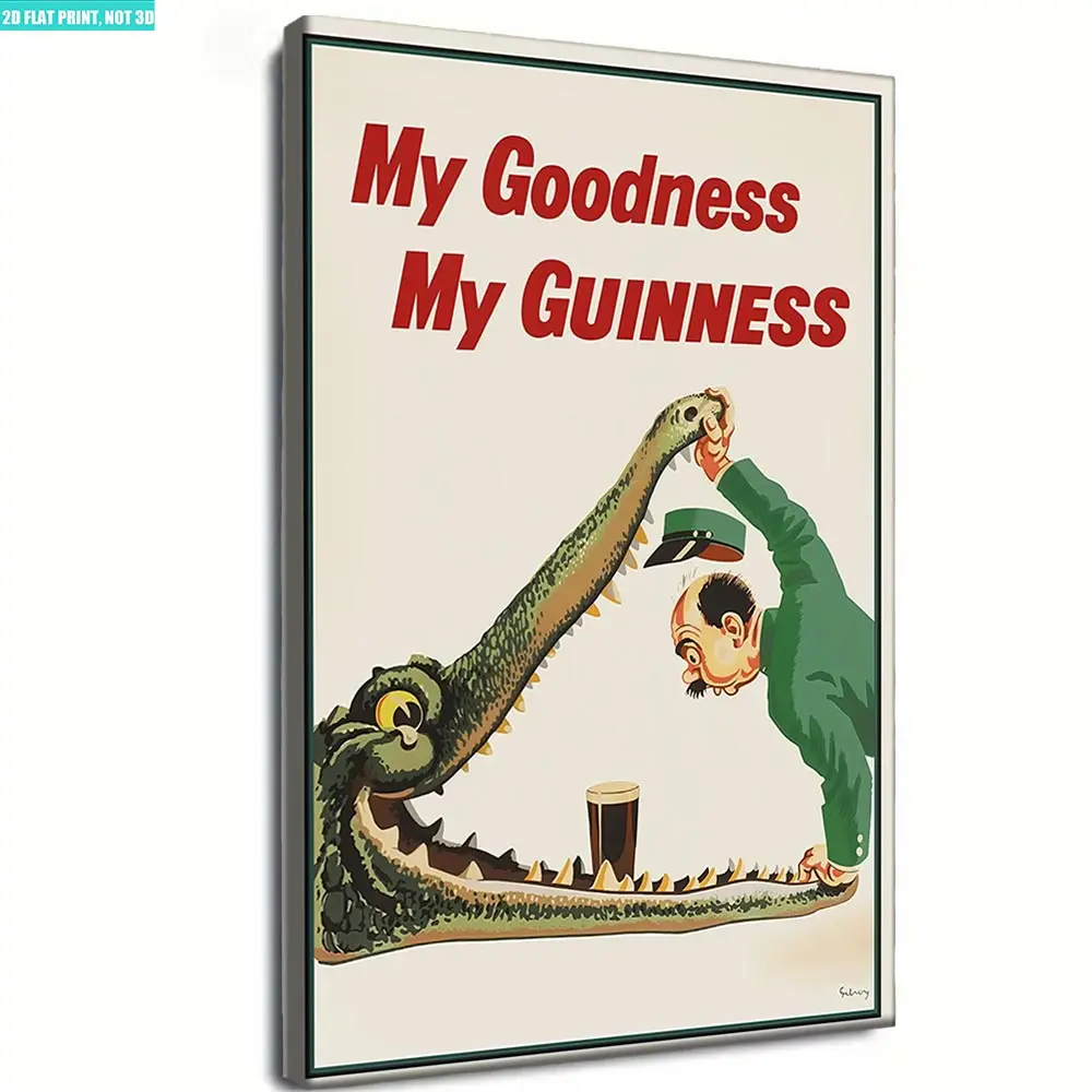 2D flat vintage canvas print of John Gilroy’s Guinness crocodile poster, retro Irish beer advertisement, ideal wall art for home decoration church decor unique art decoration quote