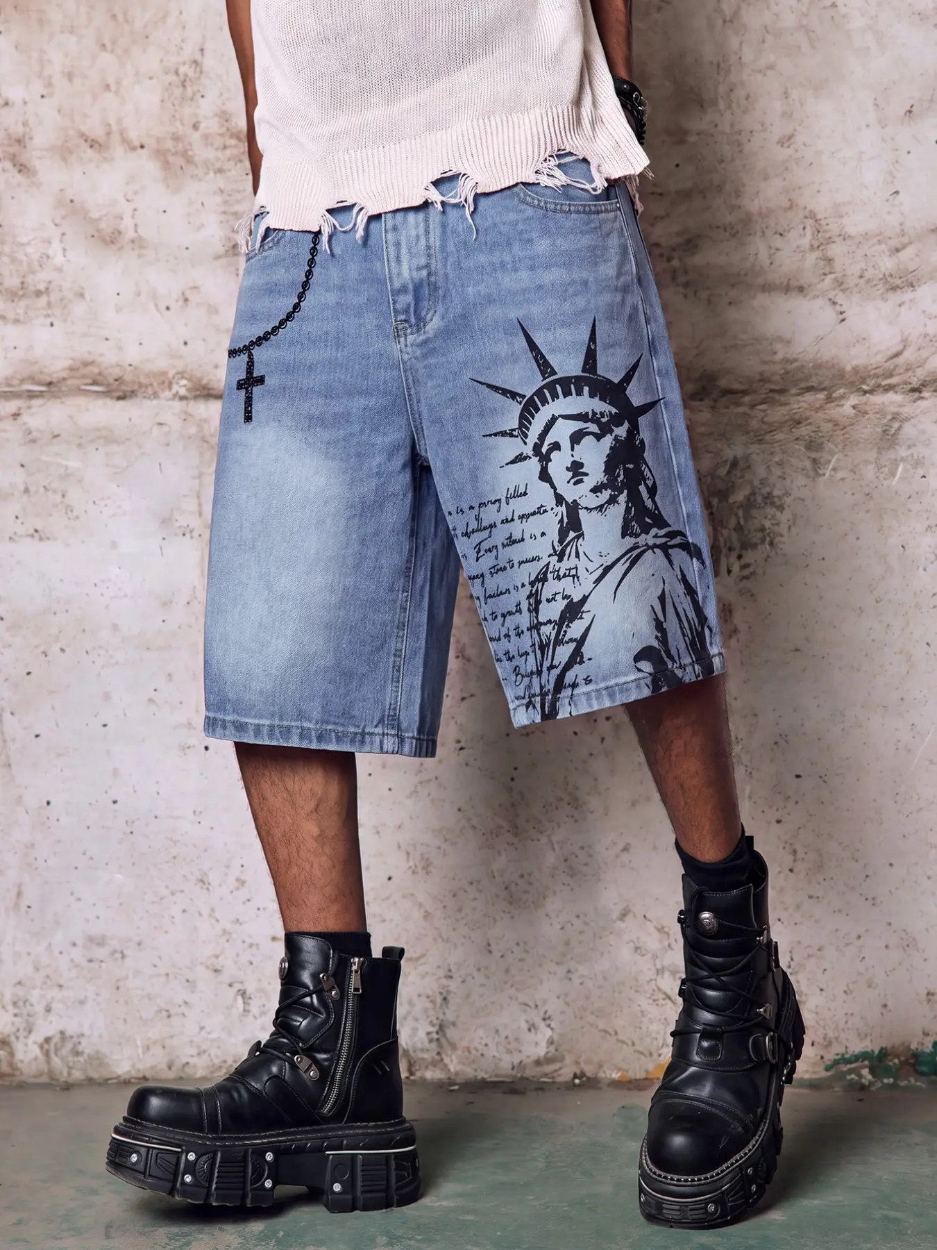 Men's Light Blue Graphic Denim Shorts, Baggy Long Jorts with Statue Print, Y2K Streetwear Style