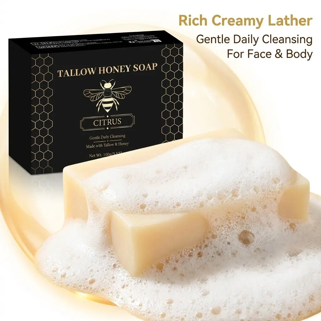 Organic Tallow Soap with Organic Castor Oil & Raw Honey - Relief for Dark Spots, Acne Marks, Hydrating & Nourishing