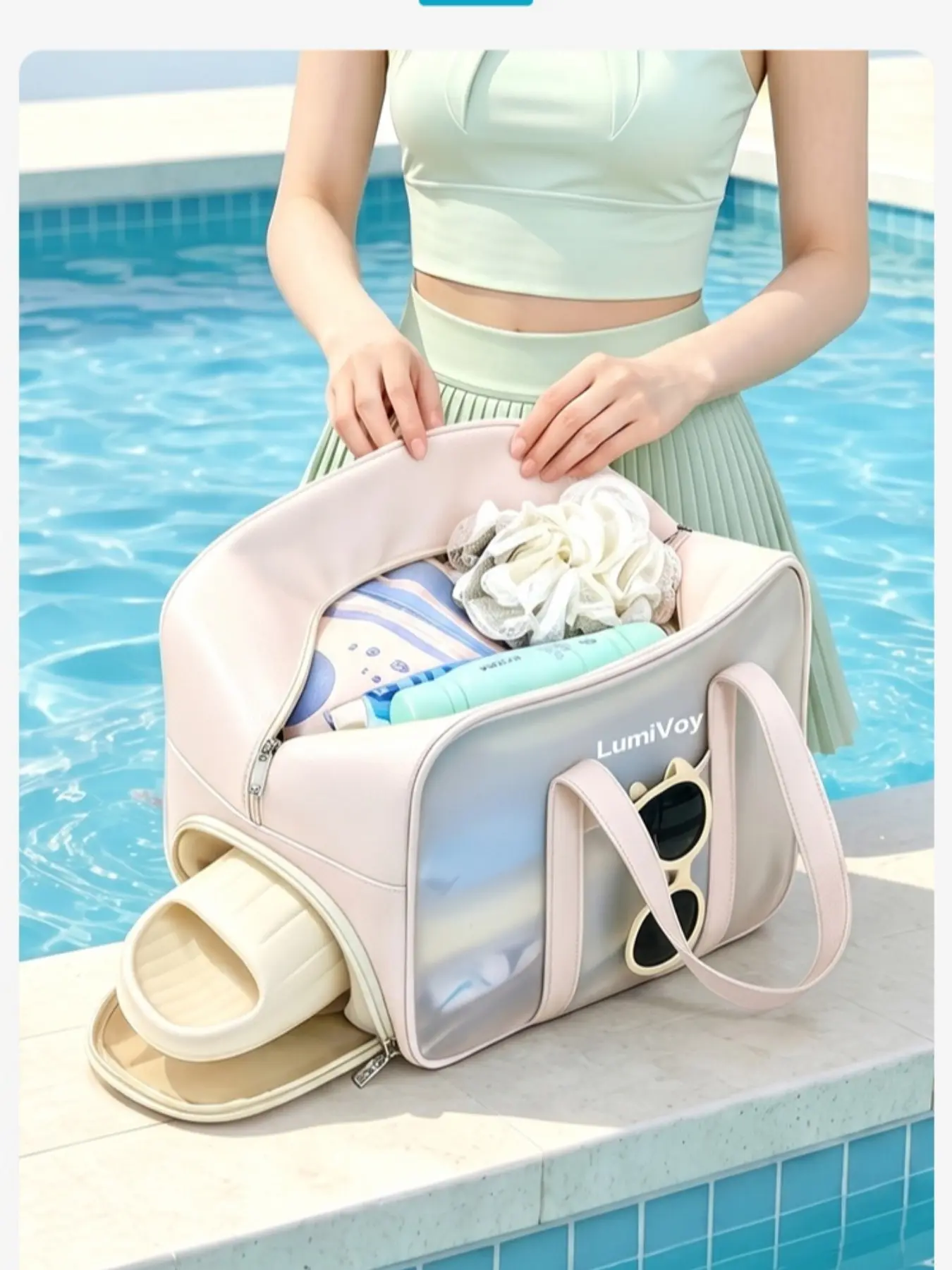 New Transparent Swim Bag, Large Capacity Beach Travel Bag, Cosmetic Washbag, Casual PVC Toiletry Bag, All Seasons Solid Pattern