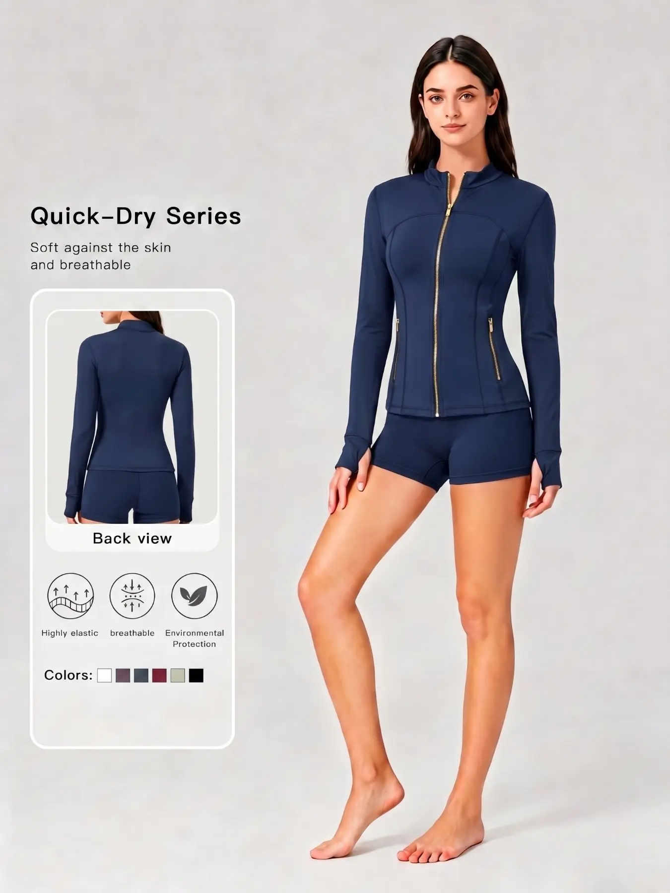 Women's Quick-Dry Fall Home Workout Suit, Fitted Gold Zipper Yoga Jacket, Thumb Loop & Side Pocket, Breathable Elastic Fitness Set, Matching Workout Set