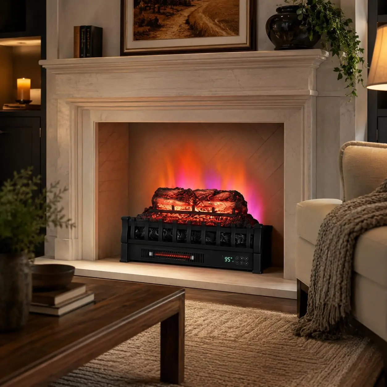 Gaomon 1500W Power Electric Fireplace Logs Heater, Pine Log Style, LED Flames, 5 Flame Effects, 5 Brightness Levels, Remote Control, Steel/ABS Build, 120V Plug