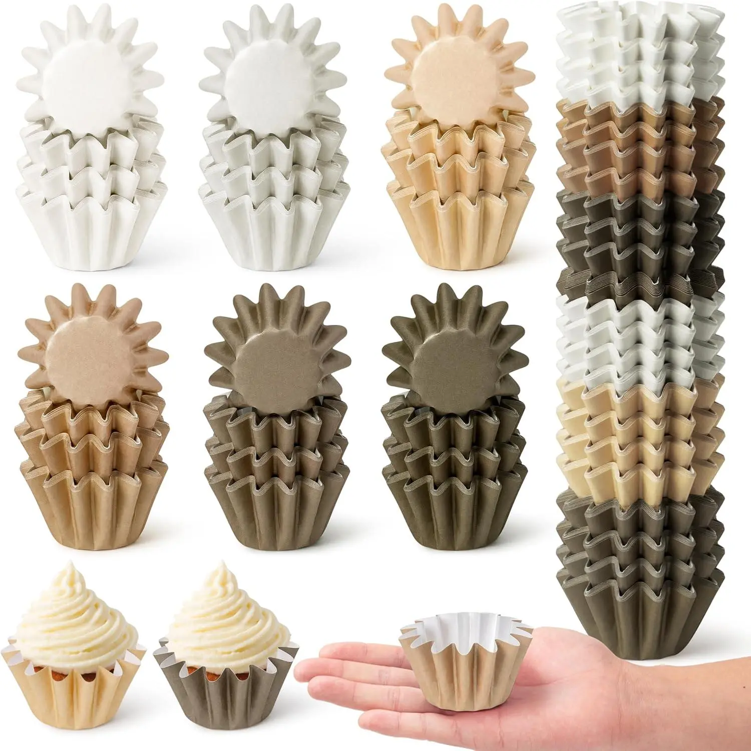 Mini Size Cupcake Lines - 240 Counts Coffee Tan Gease-esistant Muffin Baking Cups, Bulk Bown Neutal Disposable Pape Cupcake Wappes fo Celebation Gatheing  Showe Bithday Paty Supplies