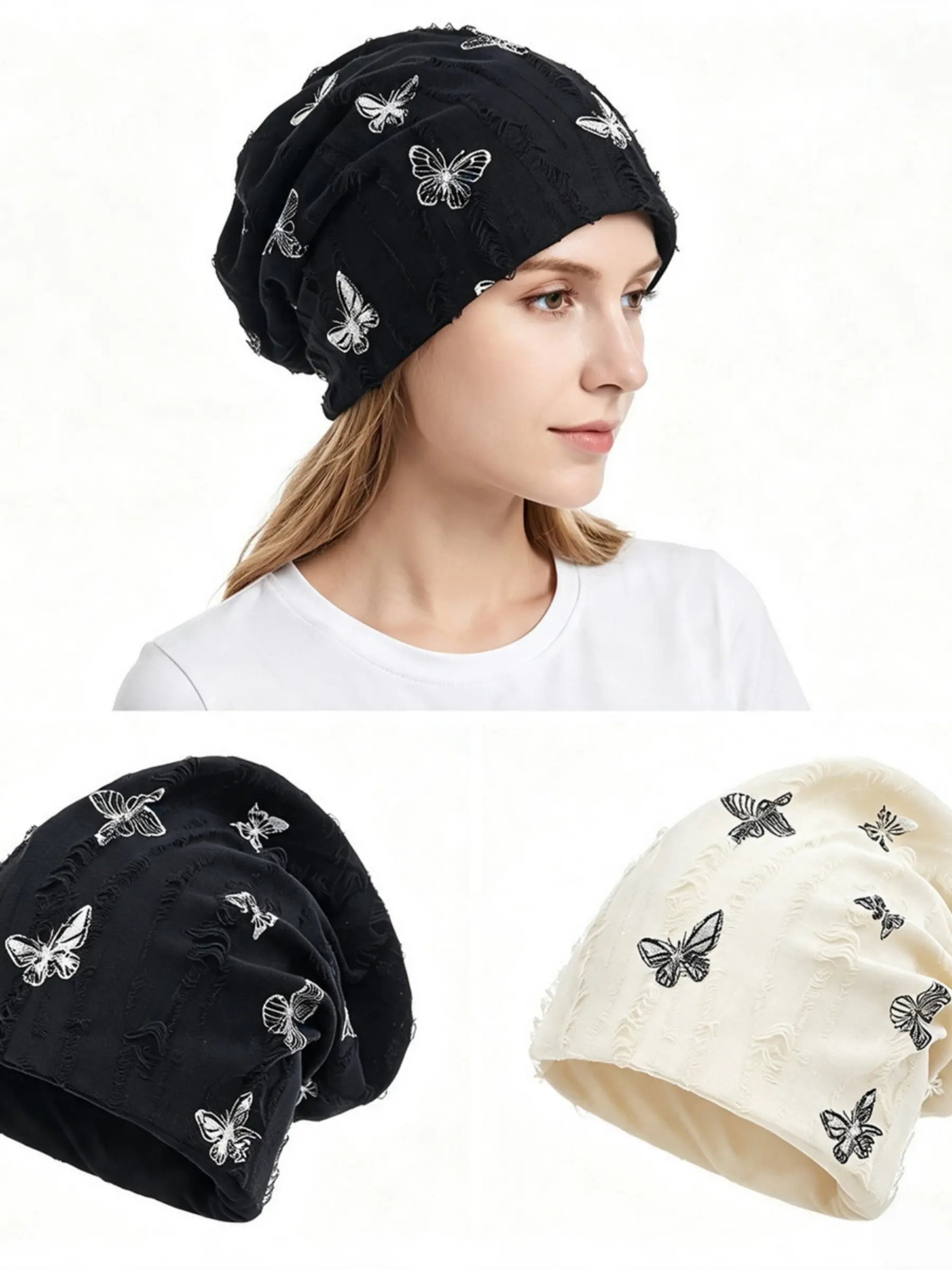 Butterfly Hole Beanie for Women, Breathable Headwrap Hat, Elastic Bandana Cap, Casual Fashion Accessory, European and American Style