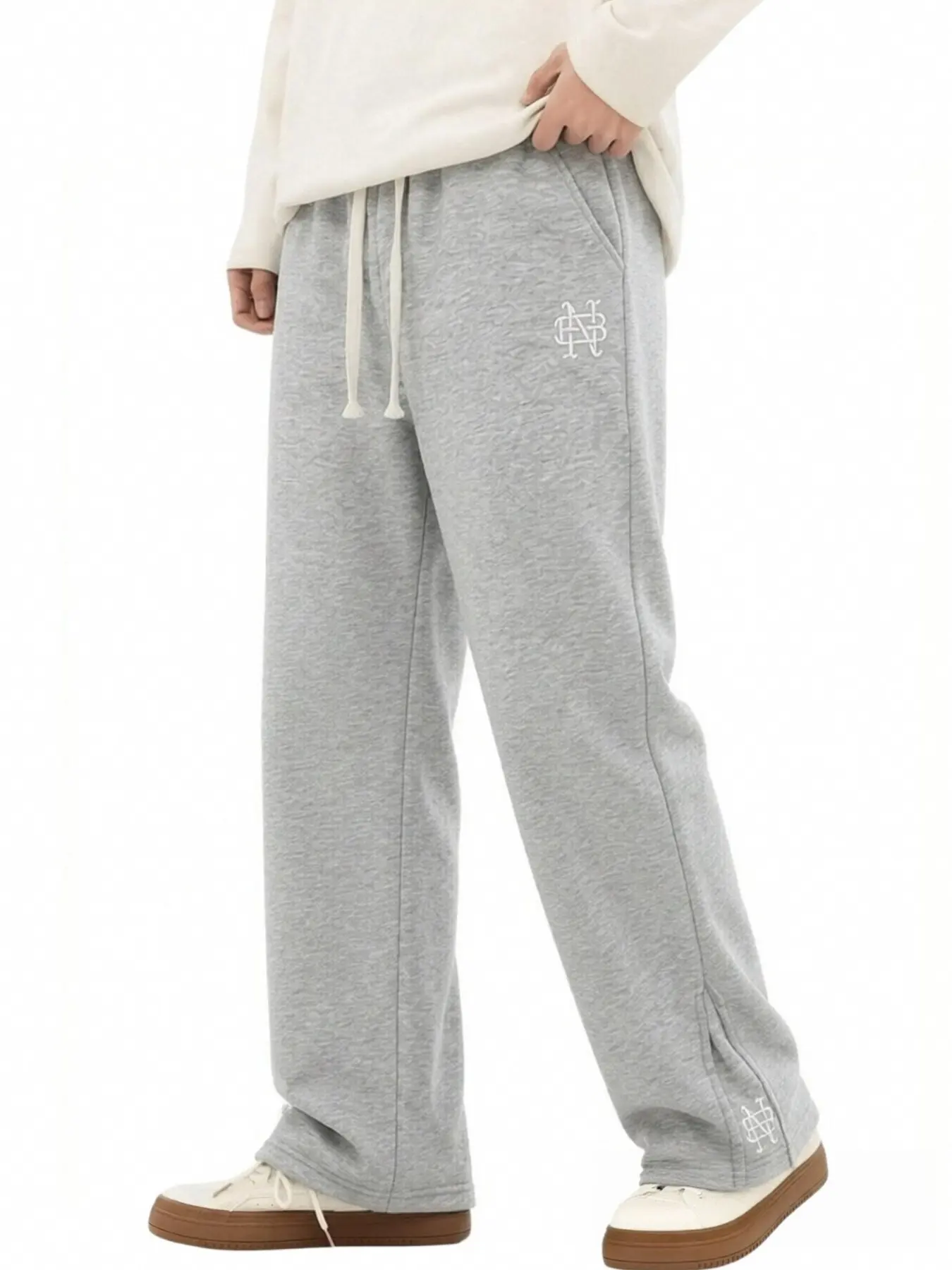Men's Simple Embroidered Wide Leg Sweatpants, Loose Straight Drawstring Waist Sweatpants Sports Pants, Soft Casual Street Running Pants, Fall Winter Wear