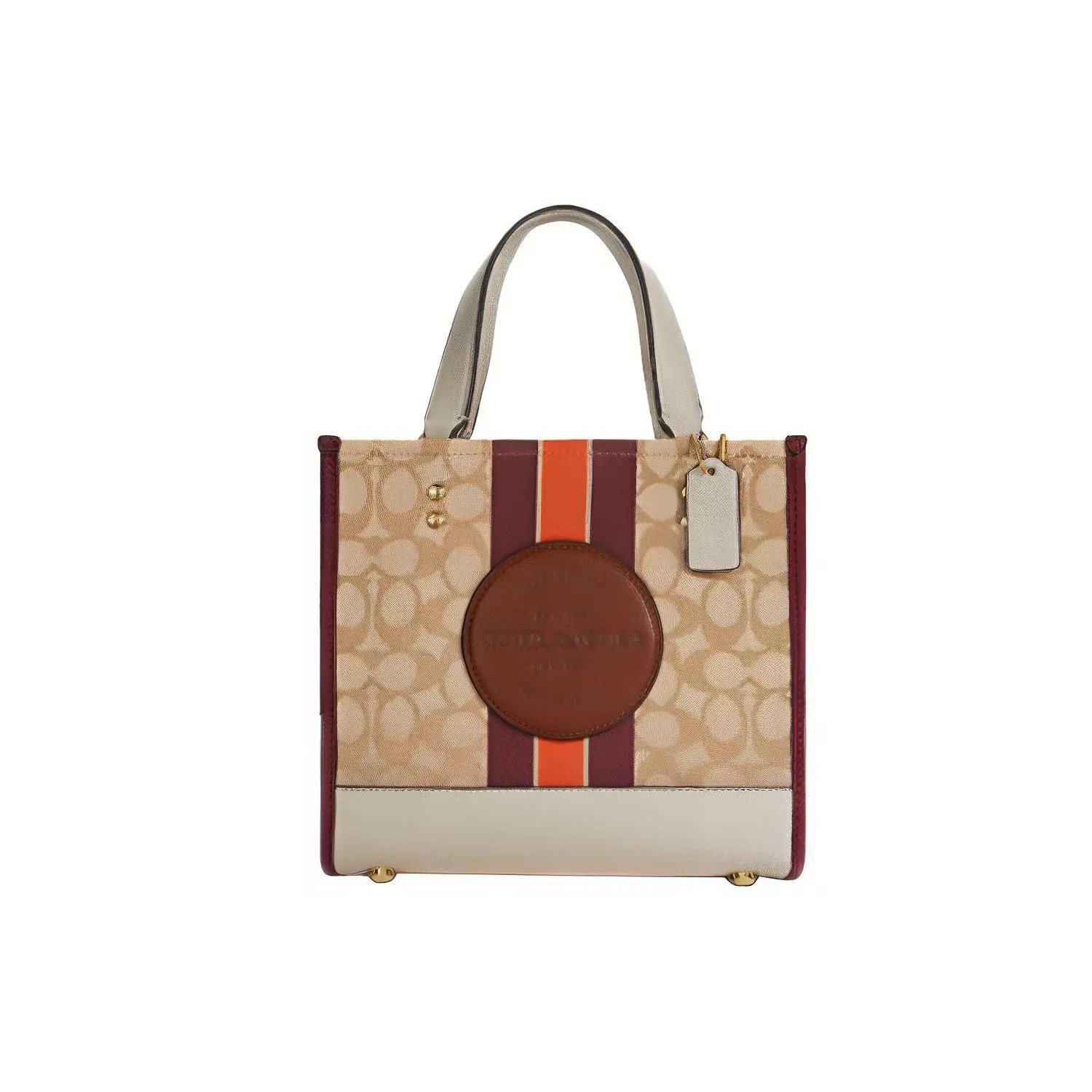 Coach Dempsey 22 Classic Monogram Tote Bag for Women, Canvas and Leather, Snap Closure, Light Khaki and Burgundy