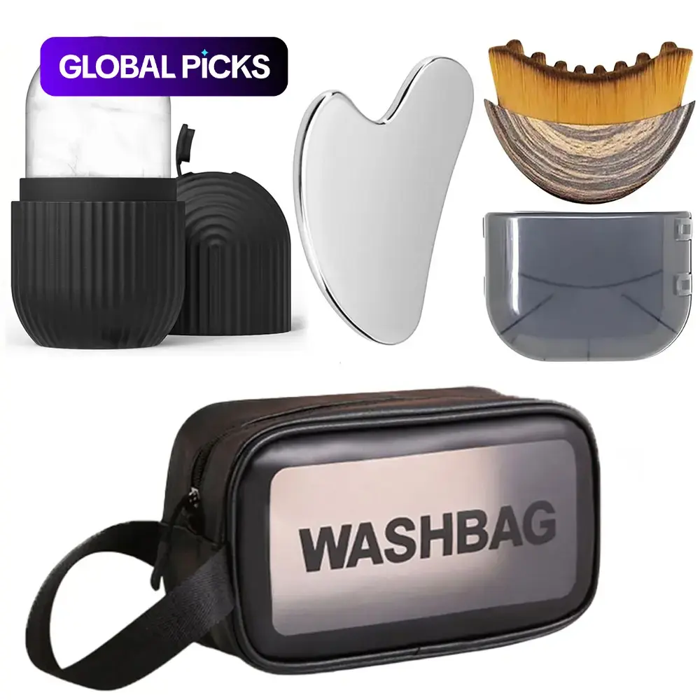 Silicone Ice Roller Set with Facial Massage Brush, Stainless Steel Gua Sha Board and Storage Bag, Facial Care Tools to Reduce Puffiness, Tighten Pores and Relieve Fatigue #GLOBAL PICKS