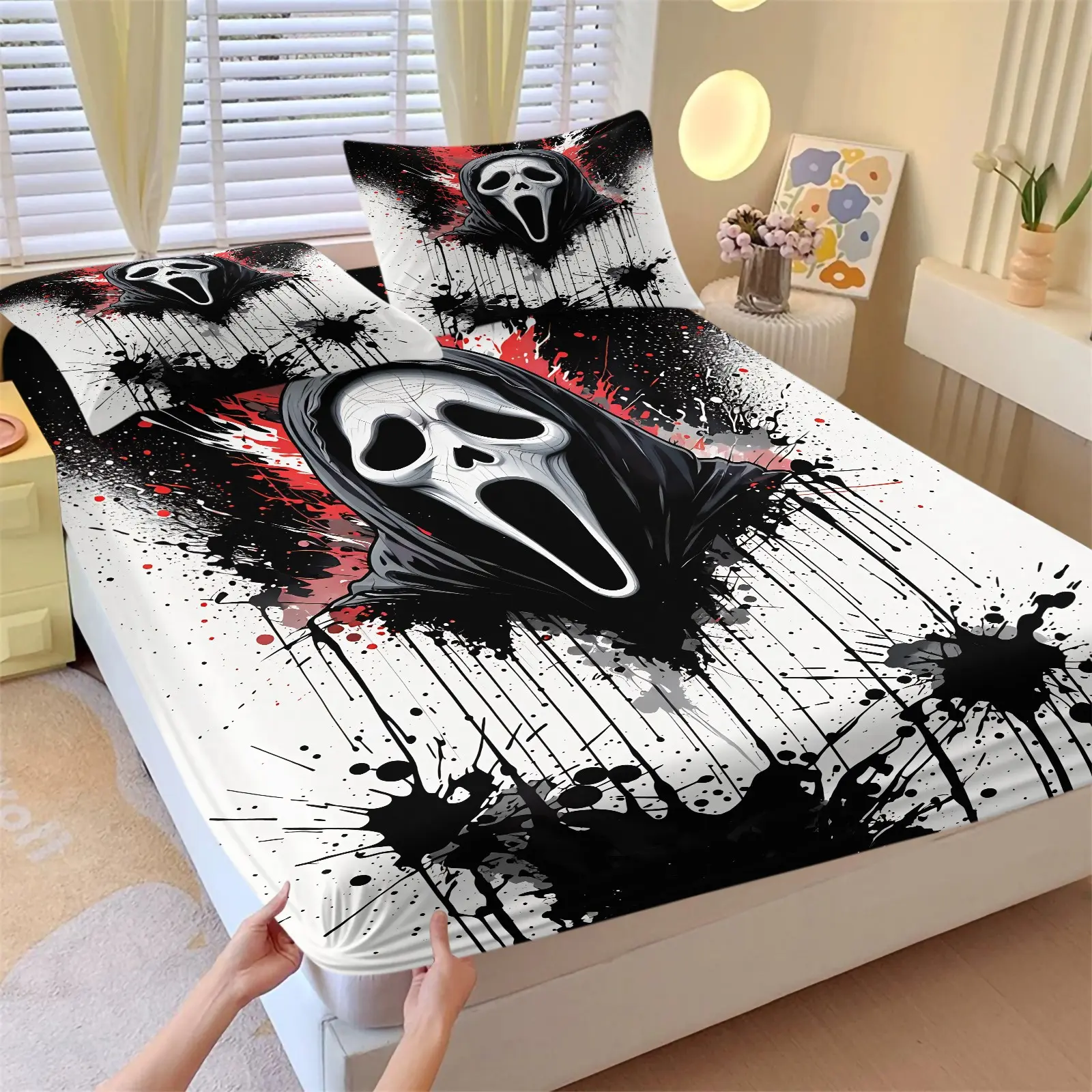 Ghostface Scream Horror Splash Print Fitted Sheet Set, 1 Fitted Sheet + 2 Pillowcases - 3 Piece, Soft Microfiber Deep Pocket Design All Season, Gothic Horror Bedroom Decoration, Gift for Halloween Style Lovers