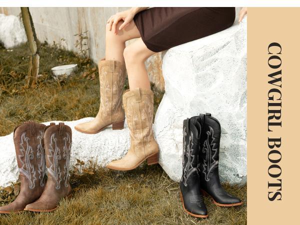 Women's Embroidered Western Cowboy Boots Fashion Pointed Toe Chunky Heel Mid Calf Cowgirl Boots