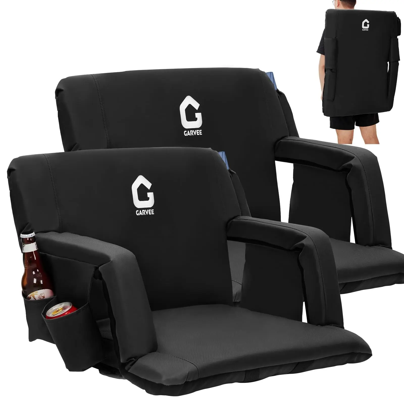Extra Wide Stadium Seat with Back Support, 6-Position Adjustable Reclining Chair, Thick Padded Cushion, Armrests, Cup Holder, Non-Slip Base and Large Storage Pockets, Portable Bleacher Chair for Sports Events, 24.5 Inch