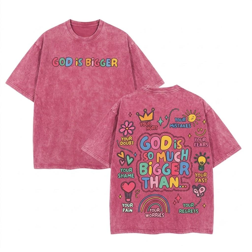 God is bigger oversized vintage acid wash graphic tee christian streetwear faith based apparel mental health awareness positive affirmation healing heavyweight y2k retro aesthetic trendy summer outfits unisex viral fashion top