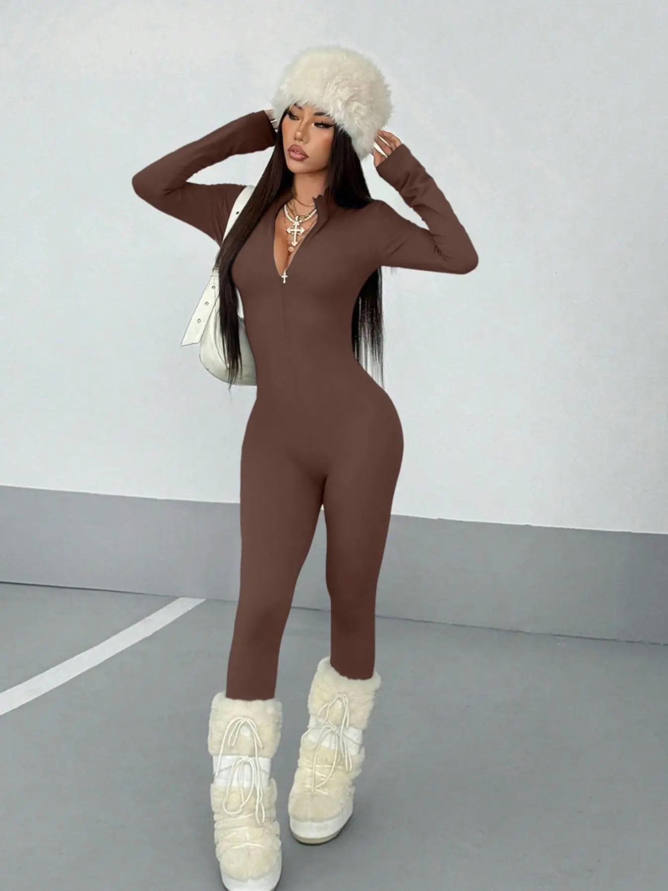Women's Fall Winter Street Style Solid Color Long Sleeve Half Zip Jumpsuit Fashion Slim Fit Premium Fabric Skinny Pants Casual Style Jumpsuit Half Zipper Jumpsuit Solid Jumpsuits
